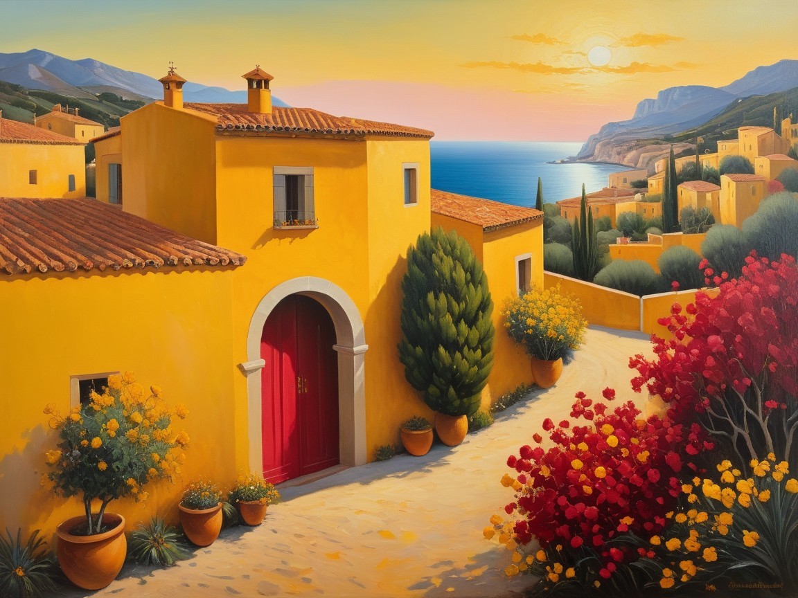 Coastal Scene with Yellow House and Sunset Glow