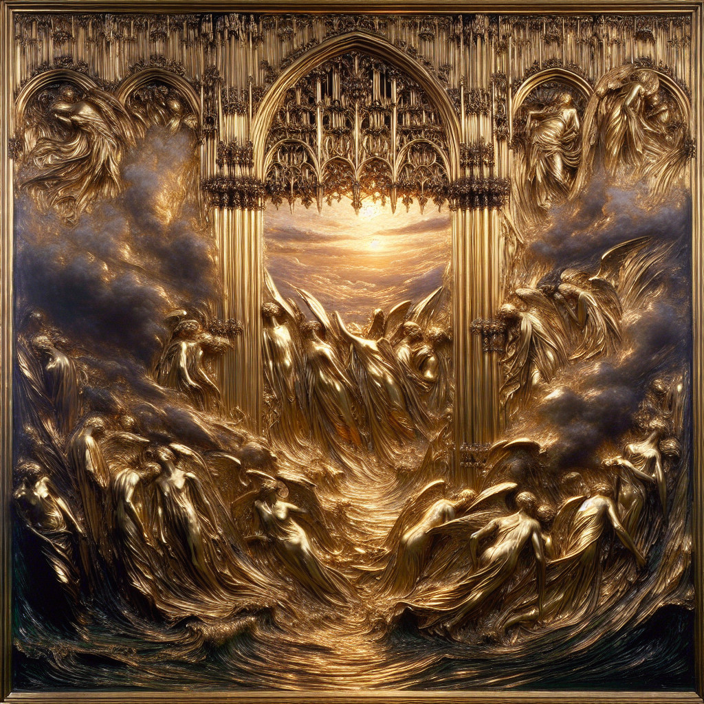 Otherworldly Scene with Golden Architecture and Angels