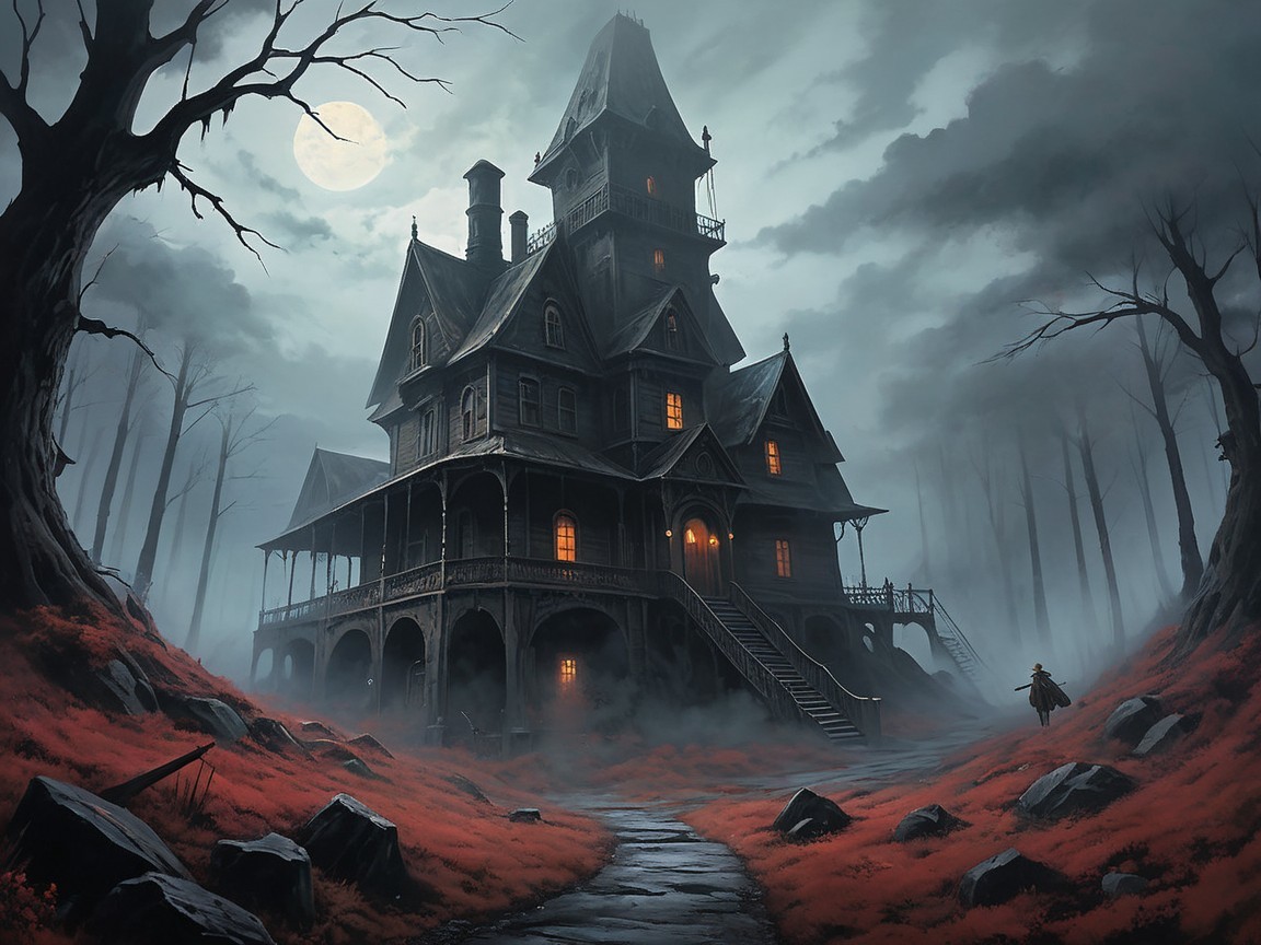 Victorian Mansion in Foggy Landscape with Eerie Atmosphere