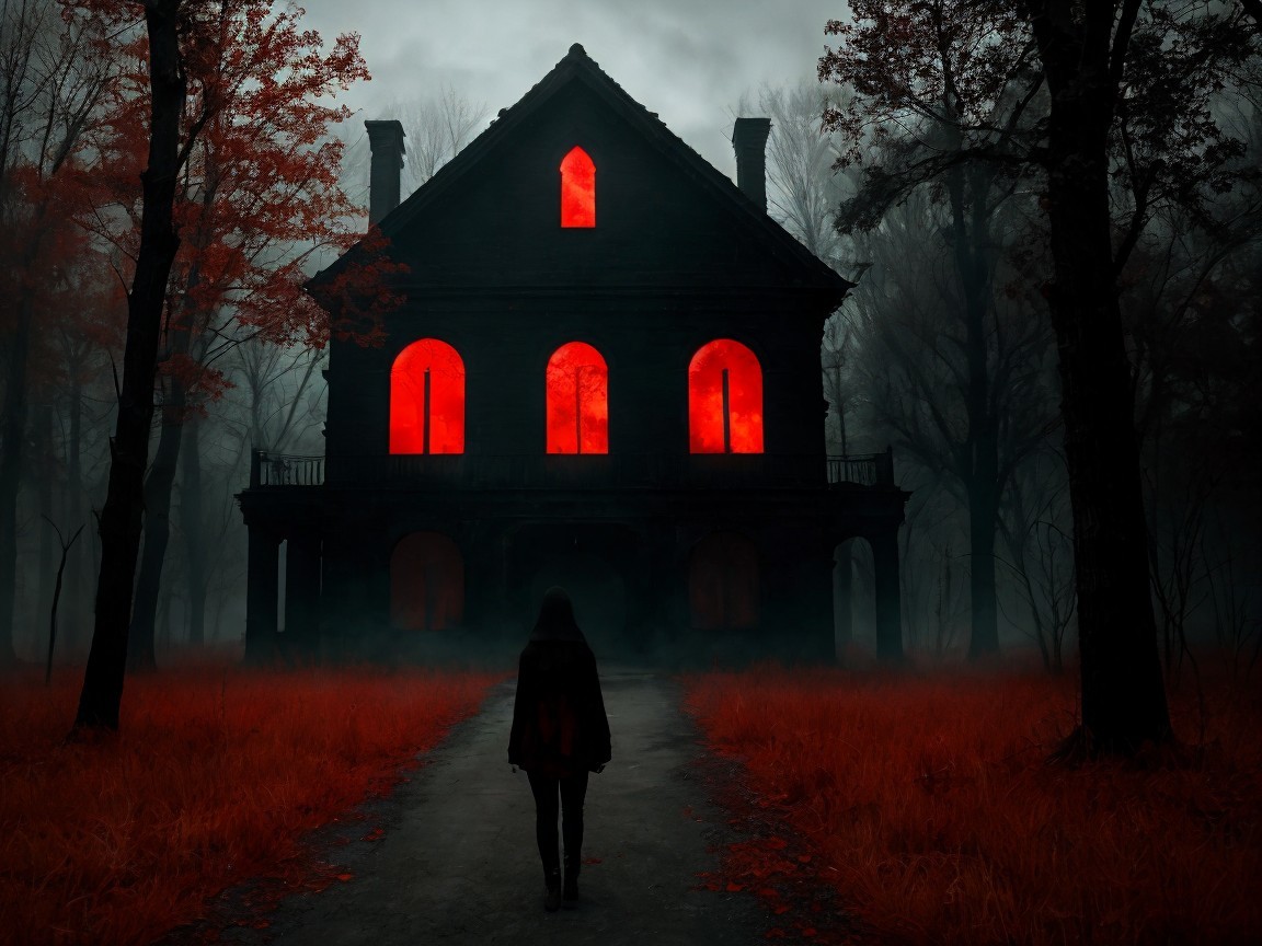 Ominous Mansion in Foggy Forest with Red Glow