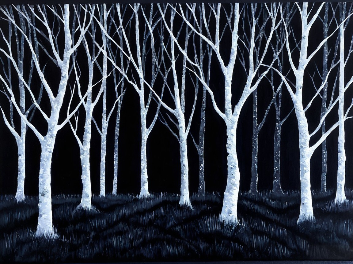 Monochrome Landscape with White Trees and Black Background