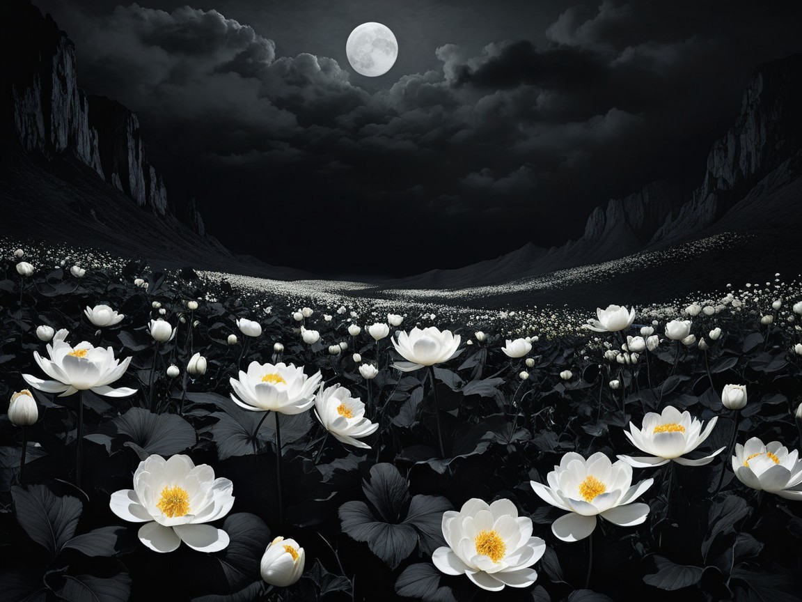 Monochromatic Landscape of Lotus Flowers Under Moonlight
