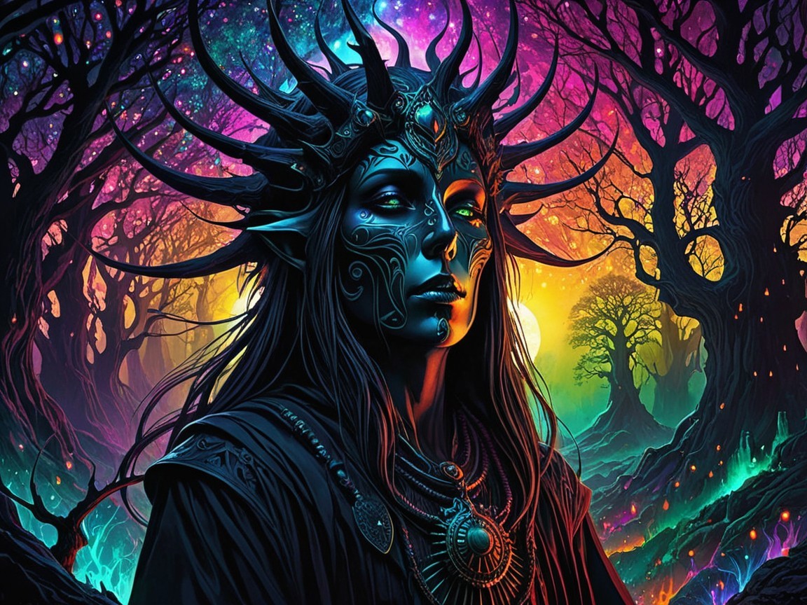 Mystical Figure in Enchanted Forest with Twilight Hues