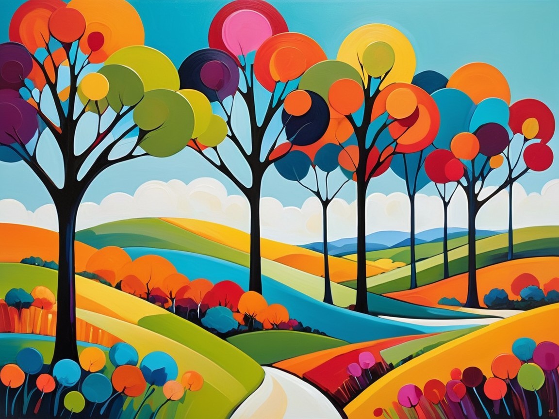Vibrant Landscape with Colorful Stylized Trees and Hills