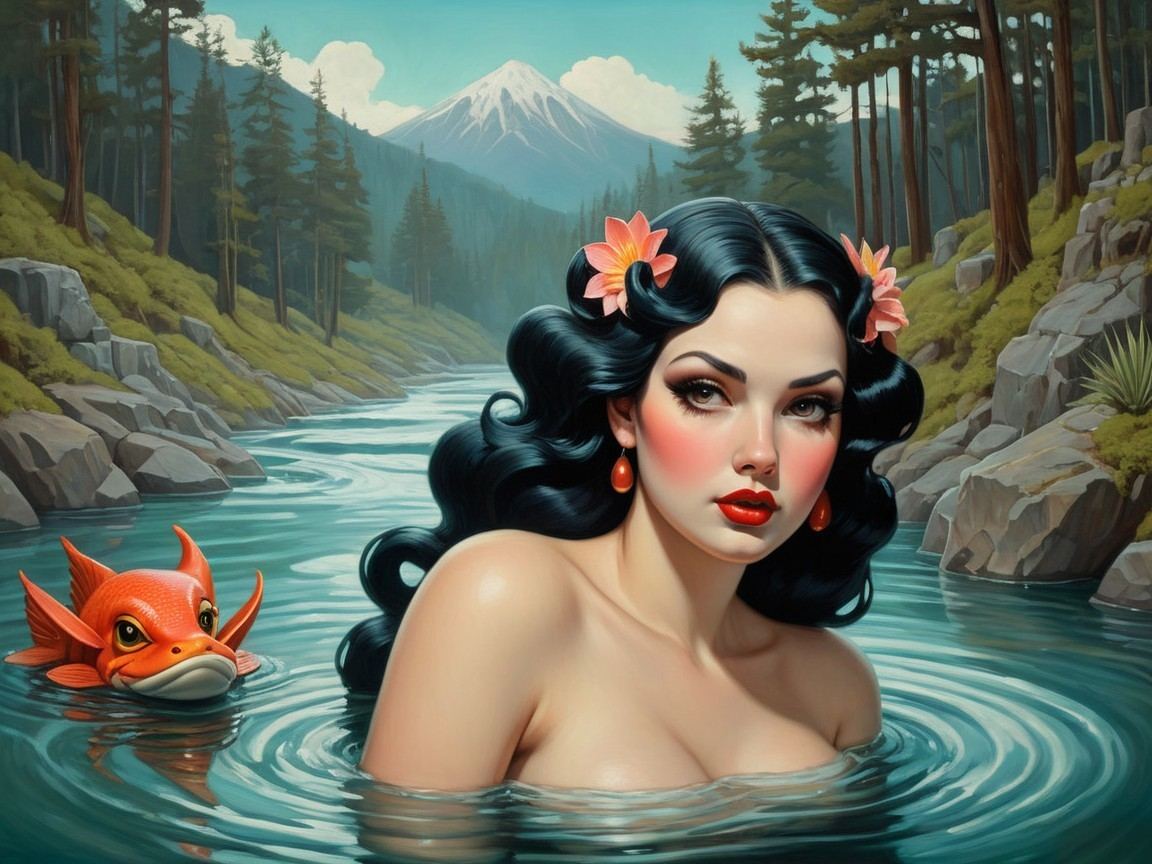 Serene landscape with a woman in a tranquil river