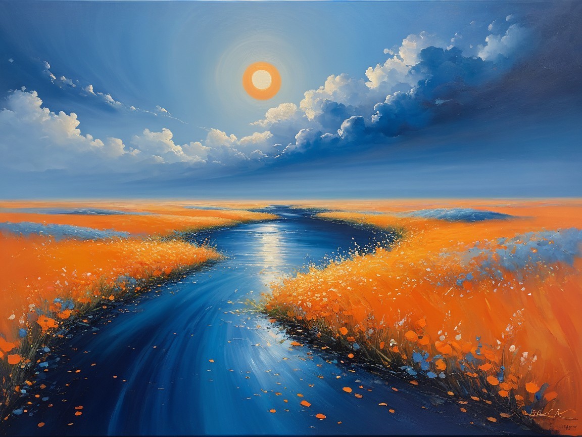 Serene Landscape with River and Vibrant Orange Fields
