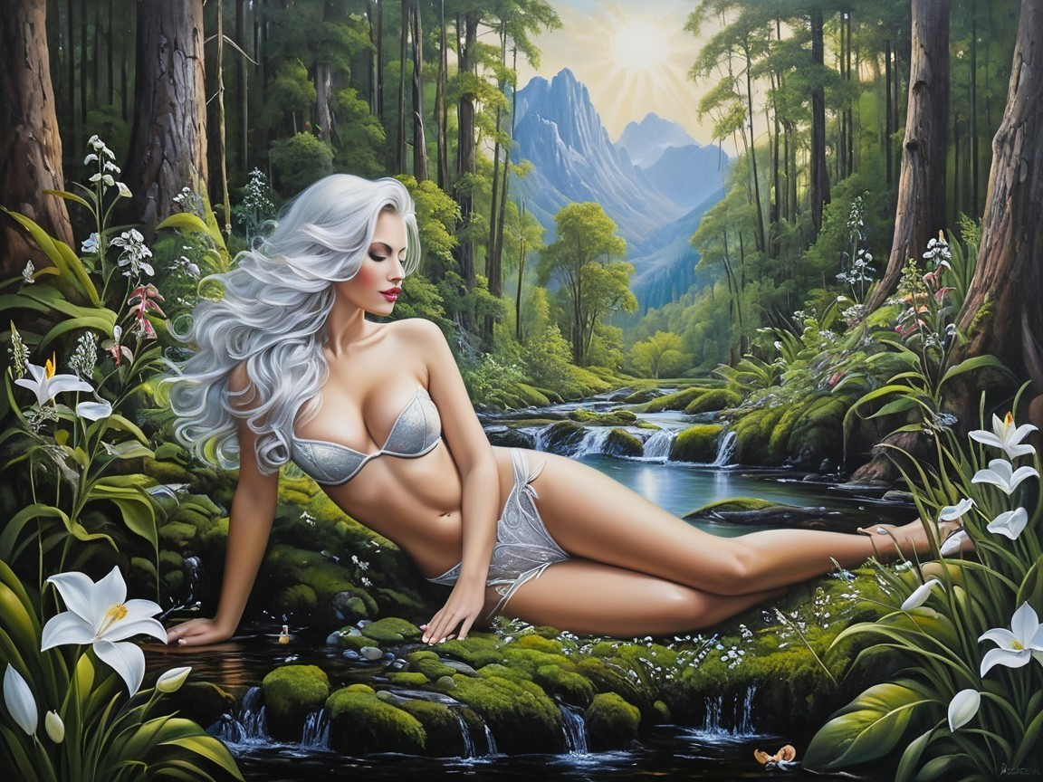 Woman with Silver Hair by a Stream in a Forest