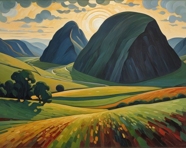 Vibrant Landscape with Green Hills and Mountains