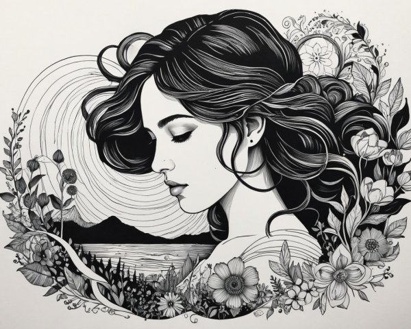 Black and white illustration of a serene young woman