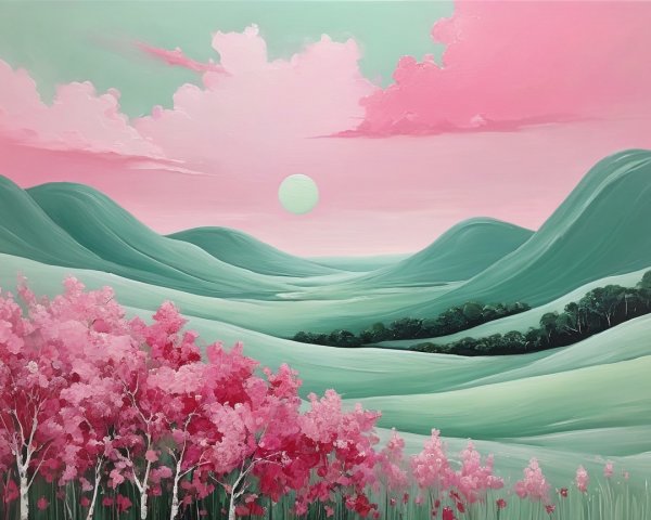 Tranquil Landscape with Green Hills and Pink Sky