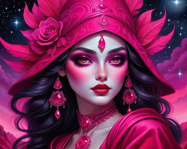 Striking Woman in Bold Pink with Decorative Hat