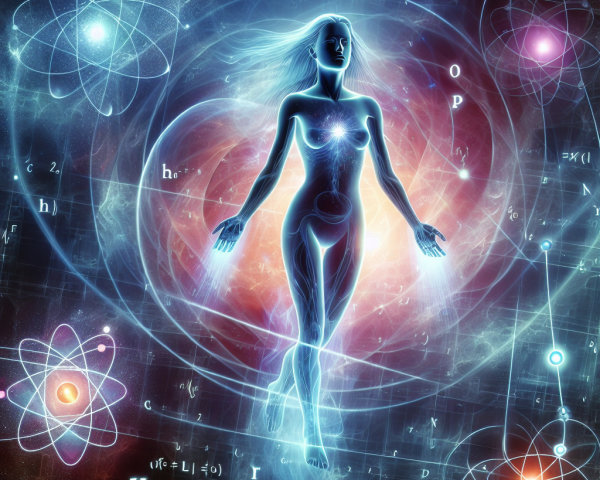Ethereal Figure in Cosmic Setting with Symbols of Science