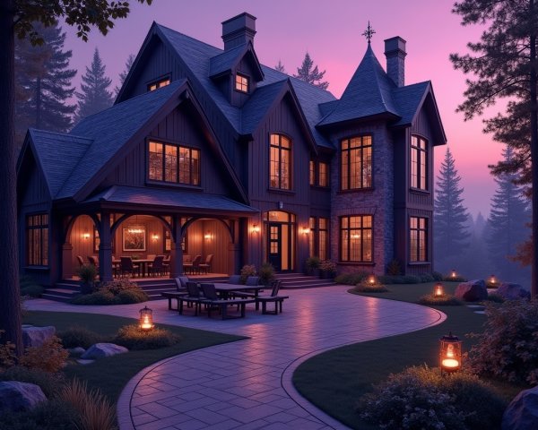Elegant dark-hued house surrounded by tall trees