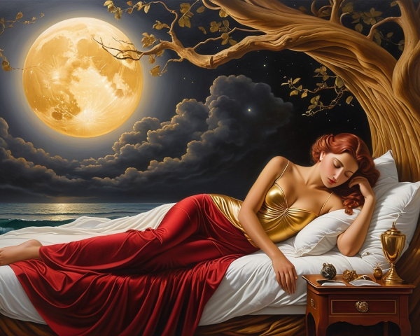 Woman in Golden Top Sleeping Under Moonlight