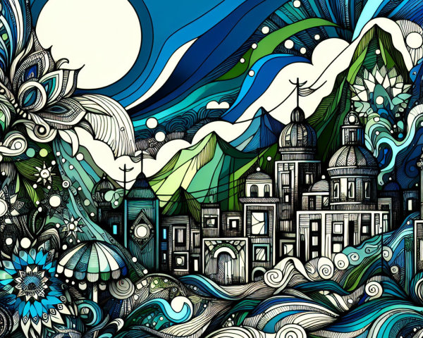 Vibrant Stylized Landscape with Town and Mountains