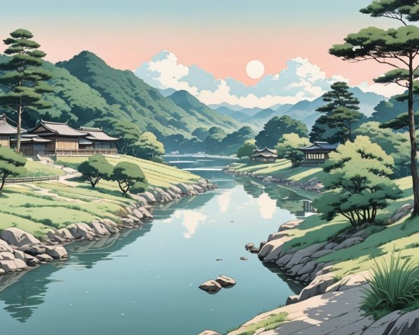 Tranquil River Landscape with Japanese Architecture