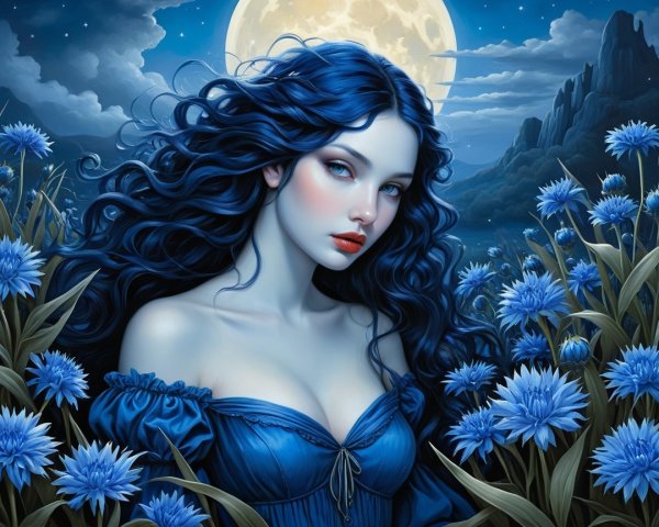 Portrait of a Woman with Blue Hair and Moonlit Sky