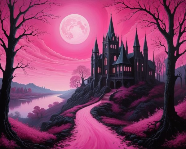 Mystical Castle Surrounded by Vibrant Landscape and Moonlight