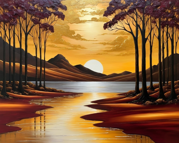 Serene Landscape with Golden Sunset Over Tranquil Lake
