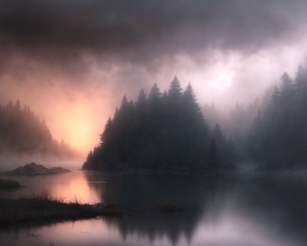 Serene Lake with Pine Trees and Dramatic Sunset Sky