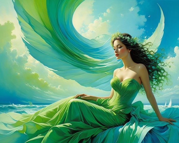 Woman in Green Gown by the Ocean in Serene Setting