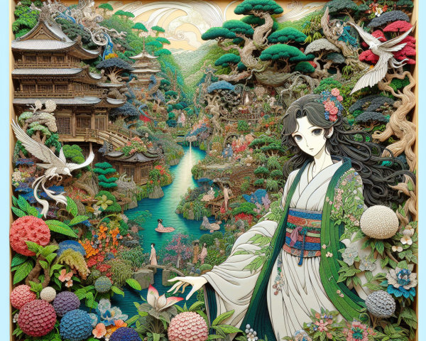 Serene Landscape with Traditional Attire and Architecture
