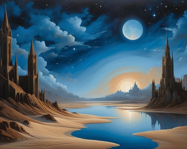 Serene Desert Landscape with Gothic Structures and River