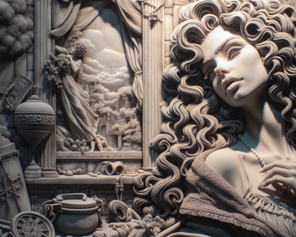 Monochromatic Relief of Elegant Woman with Sculptures