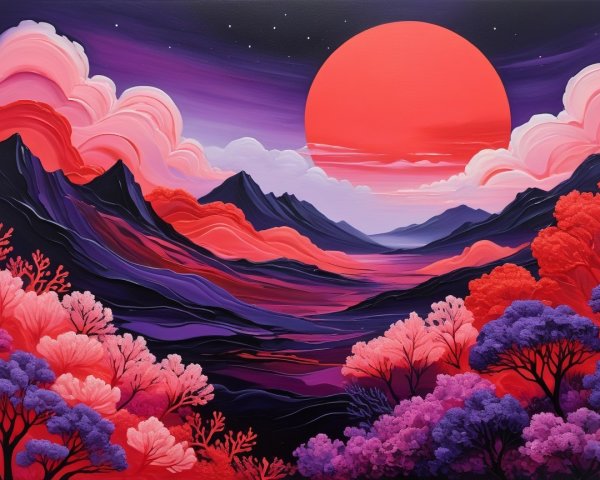 Vivid Landscape Painting with Sunset and Colorful Trees