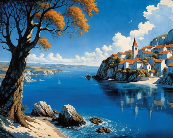 Tranquil Coastal Village with Cliffs and Sailboats