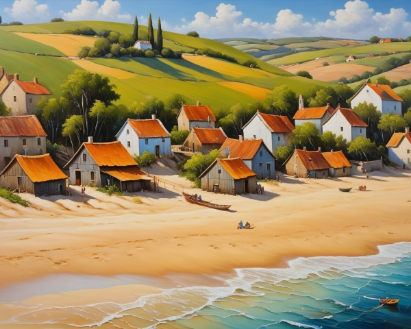 Coastal Scene with Orange Rooftop Houses and Hills