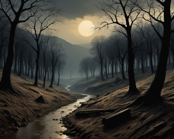 Dimly Lit Forest Landscape with Full Moon and Mist