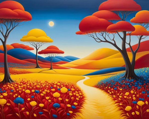 Vibrant Landscape with Rolling Hills and Colorful Flowers