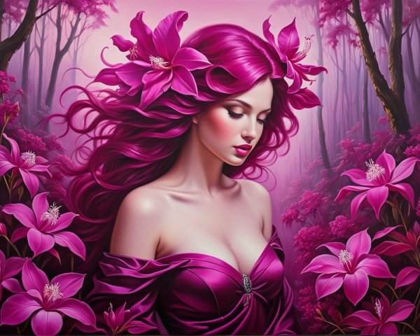 Woman with Pink Hair in Enchanted Floral Setting
