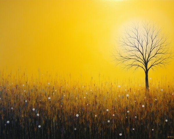 Solitary Tree and Grassy Field Under Yellow Sky