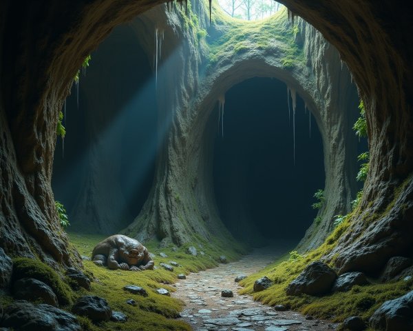 Serene cave with sunlight, moss, and peaceful figure