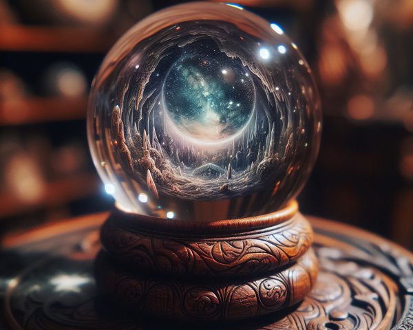 Mystical Crystal Ball on Carved Wooden Base with Galaxies