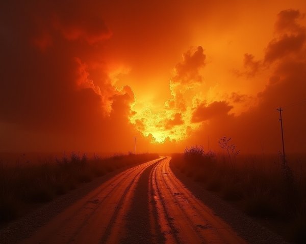 Winding Dirt Road Under Vibrant Sunset and Mist