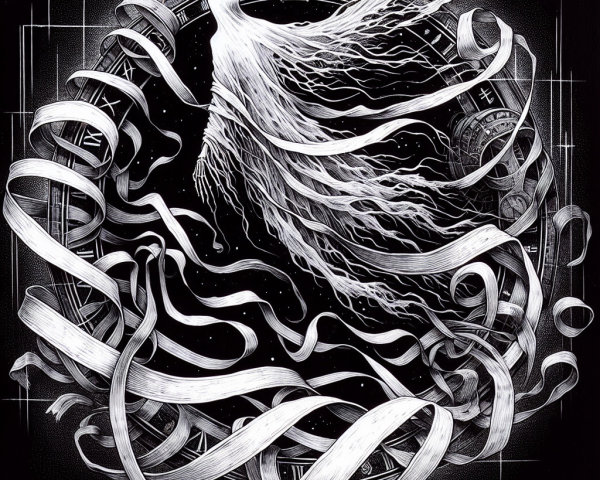 Ghostly Figure with Ethereal Tendrils and Clock Face
