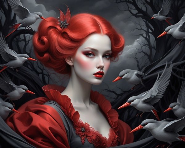 Portrait of a woman with red hair in a dark setting