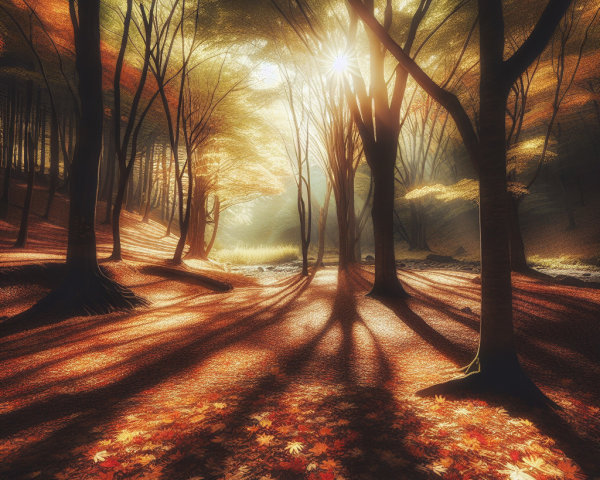 Autumn Forest with Sunlit Leaves and Tall Trees