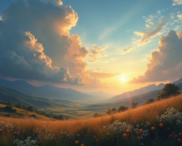 Golden Sunset Over Majestic Mountains and Lush Valley