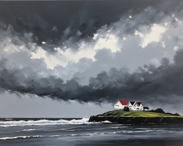 Dramatic Seascape with Rugged Coastline and Houses