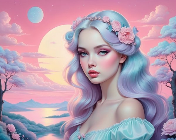 Serene Fantasy Scene with Ethereal Young Woman