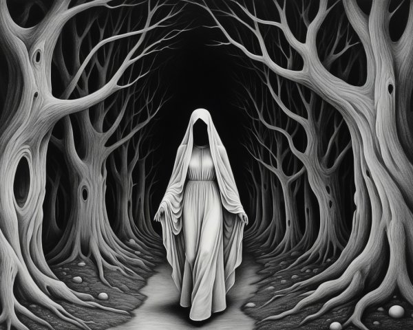 Ghostly Figure in White Dress in Dark Forest Scene