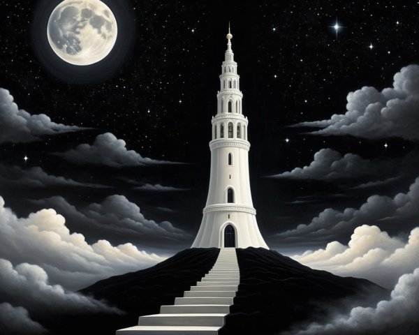 White Tower Under Full Moon in Dark Landscape
