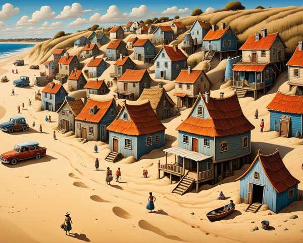 Vibrant seaside village with colorful houses and beach