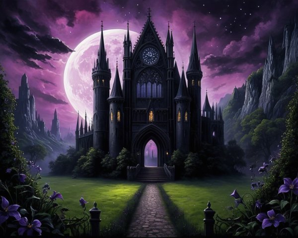 Gothic Castle Under Full Moon with Lush Surroundings