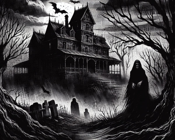 Gothic Horror Illustration of a Haunted Mansion