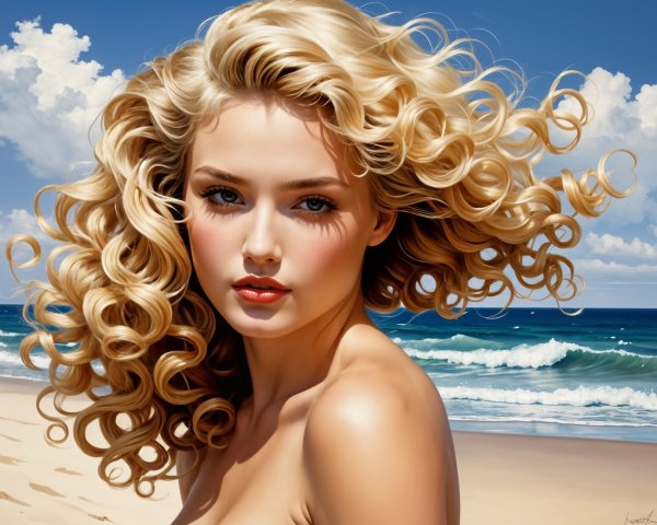 Realistic Portrait of Young Blonde Woman at Beach